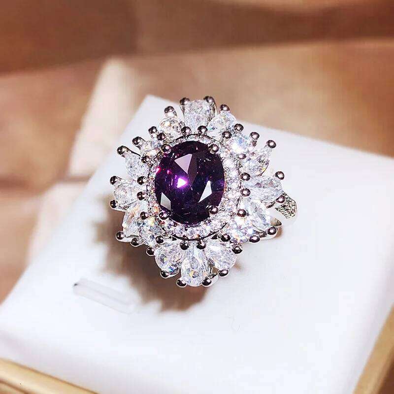 New Light Purple Luxury Full of Exquisite Zircon Flower 925 Sterling Silver Open Ring Female All-match Wear Jewelry