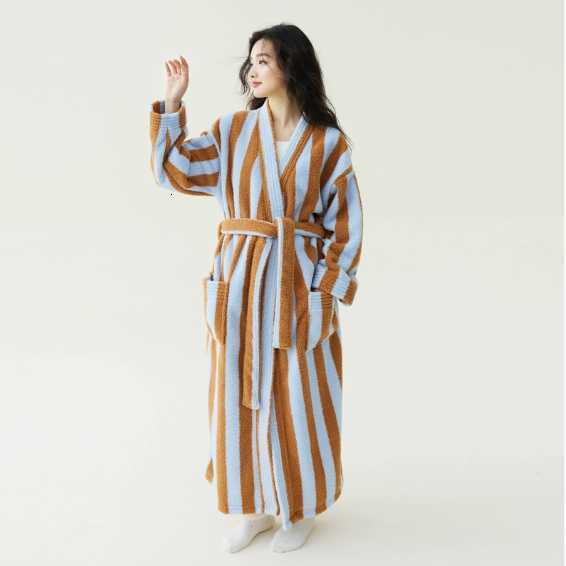 New Autumn and Winter Coral Fleece Thick Beautiful Velvet Long Men's and Women's Robe Bathrobe Couple Sleepwear Anti-static C251104