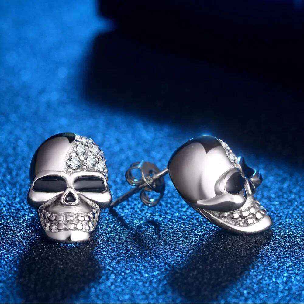 New Small Punk Rock Gothic Skull Head Stud 925 Sterling Silver Skeleton Crystal Earrings for Women Men Girls Jewelry