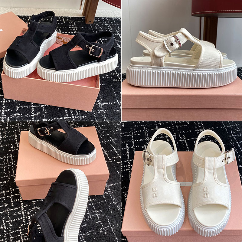 Denim Buckle Strap sandals classic embroidered lettering casual flatform sole shoes washed denim EVA sole Luxury Womens Designer Platforms sandals