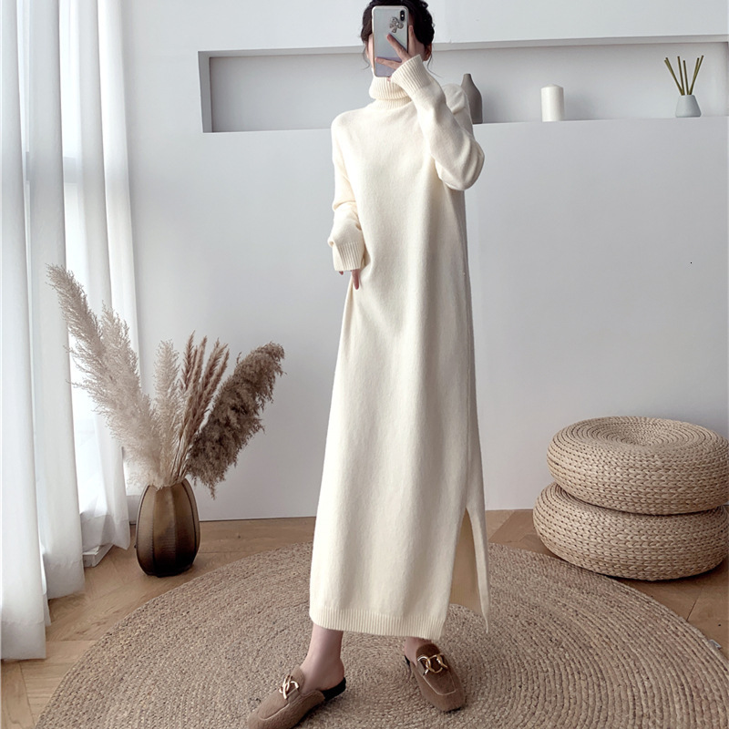 REALEFT Autumn Winter Loose Turtleneck Straight Women Sweater Dresses Long Sleeve Warm Knitted Chic Long Dresses Female 240729