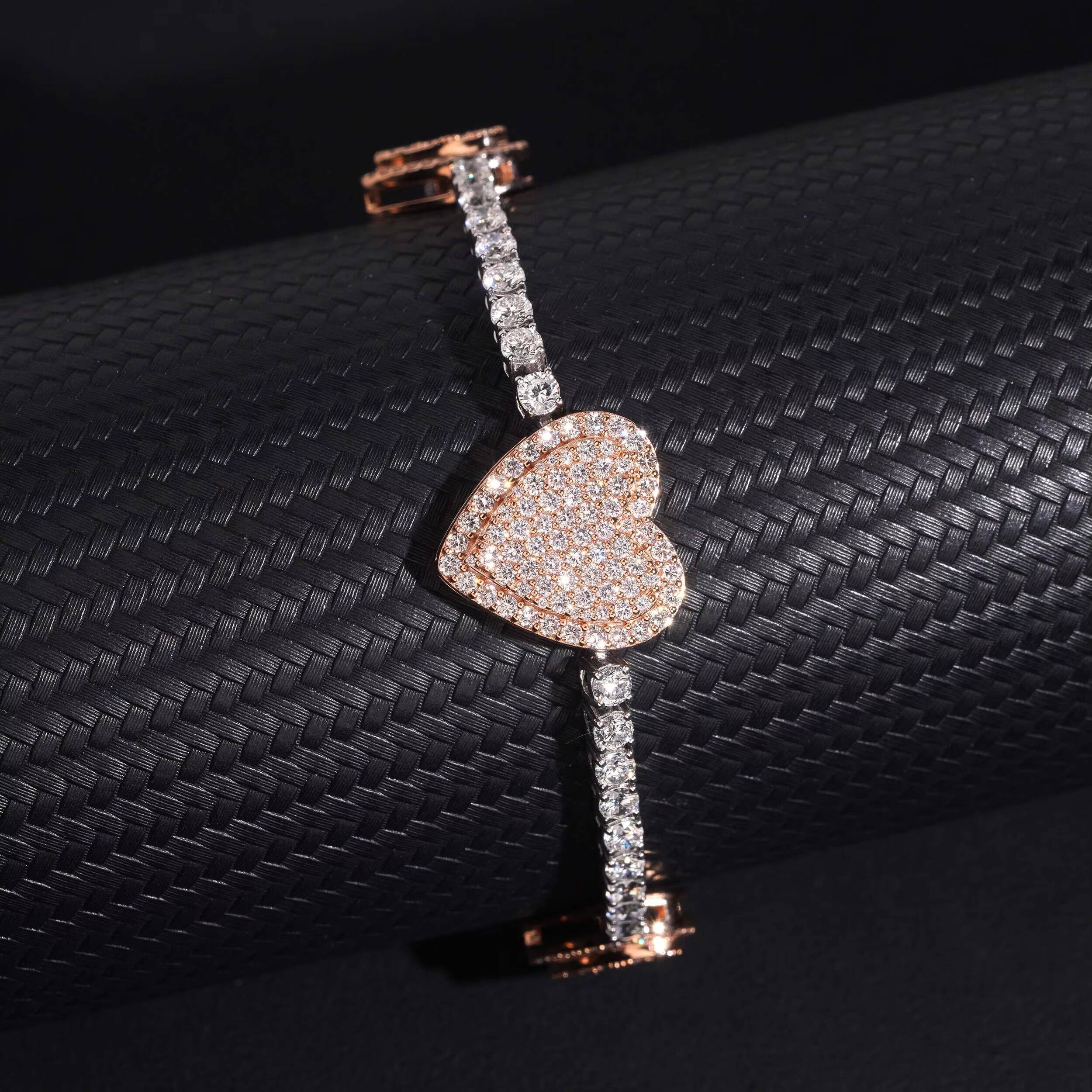 VVS Moissanite Diamond 10K Solid Rose Gold Mix White Gold Heart Charm Tennis Bracelet