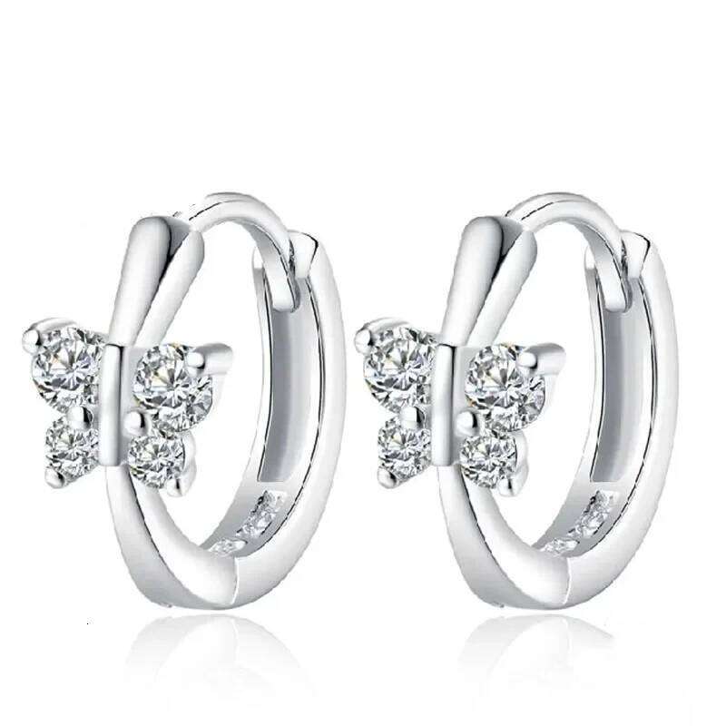 Cute Solid Silver Color White CZ Butterfly Stud Earrings for Women Child Girls Kids Bridal Wedding Plata Jewellery