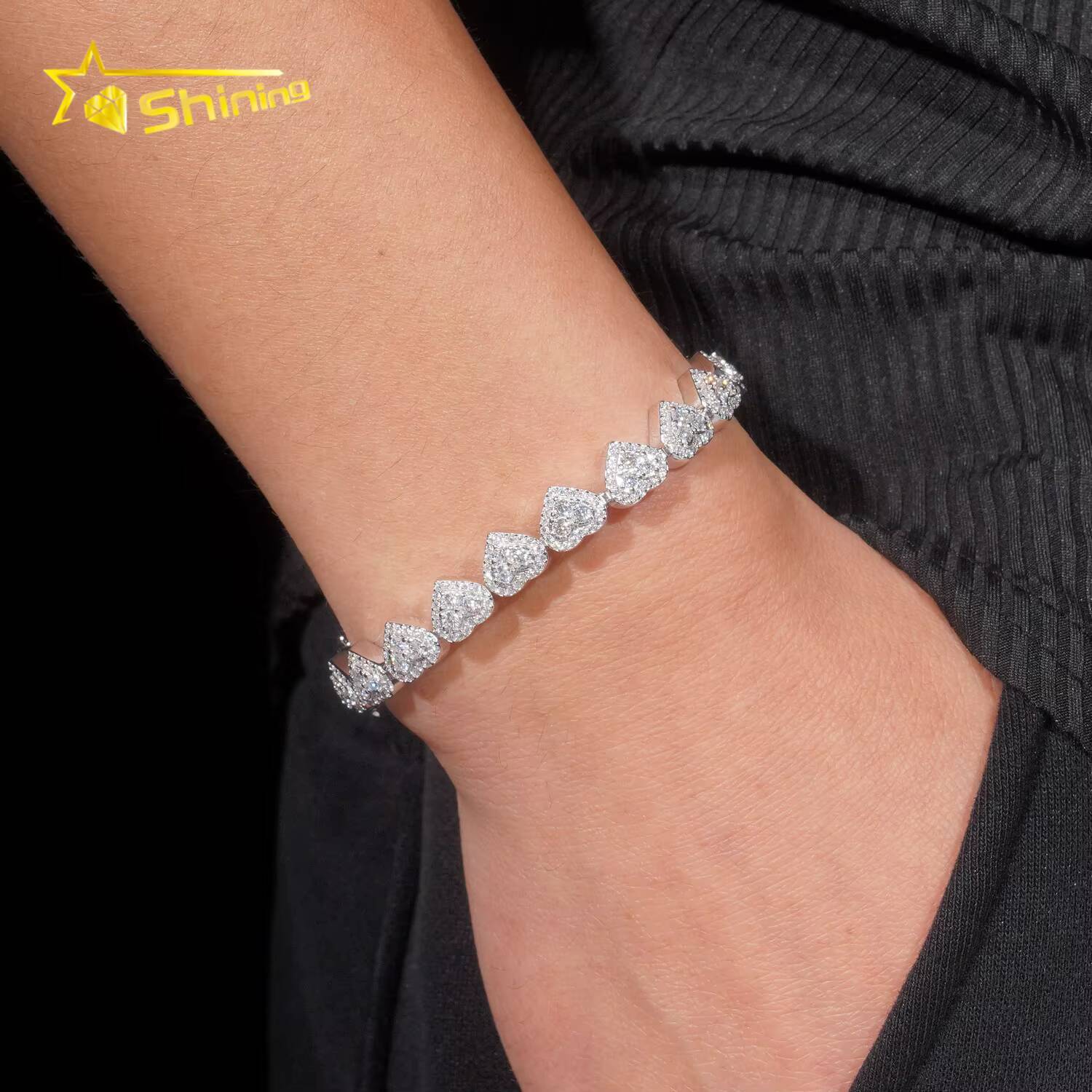 Bracelet moissanite Hi Hop 925 Silver Heart Shape Moissanite Bracelet Custom Iced Out GRA Certified Cuban Bracelets Necklace chain