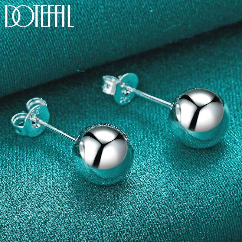 DOTEFFIL 925 Sterling Silver 8mm 10mm Round Smooth Solid Bead Ball Stud Earrings For Women Wedding Engagement Party Jewelry
