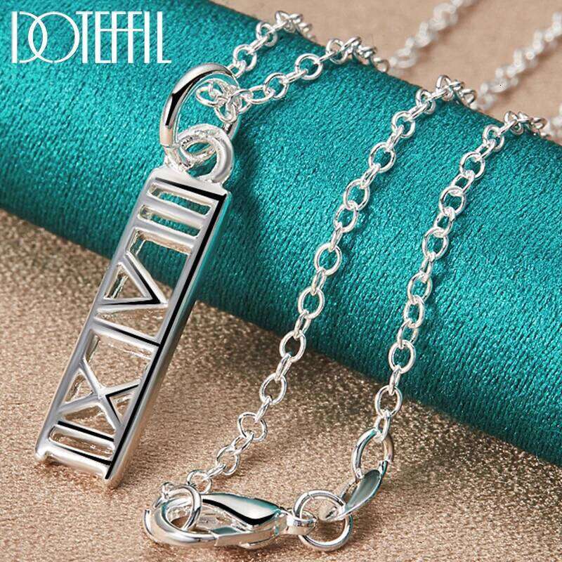 DOTEFFIL Roman Numerals Square Pendant Necklace 925 Sterling Silver For Women Man Engagement Jewelry