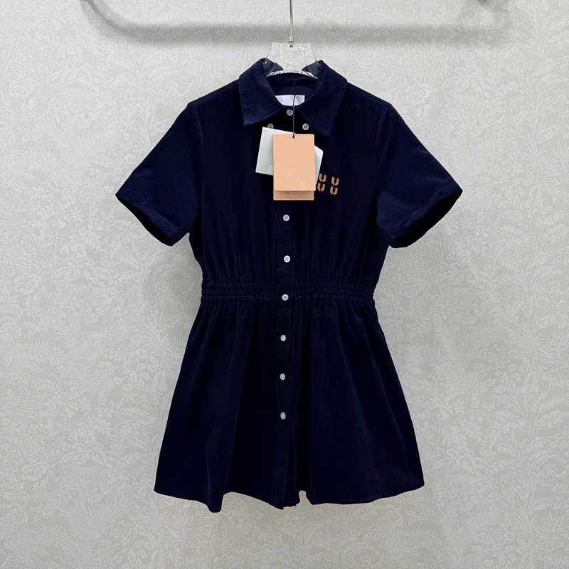 Preppy Style A Line Skirts Women Corduroy Short Sleeve Shirt Dress Slim Fit Tunic Pleated Dress