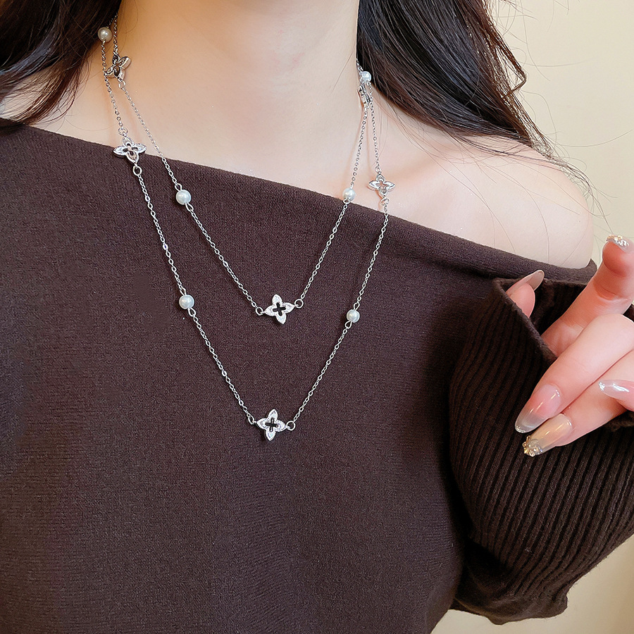 Inlaid Diamond Tiger Eye Stone Cross Pearl Necklace Design Sweater Light Luxury High-end Neck Chain for Women - view 4