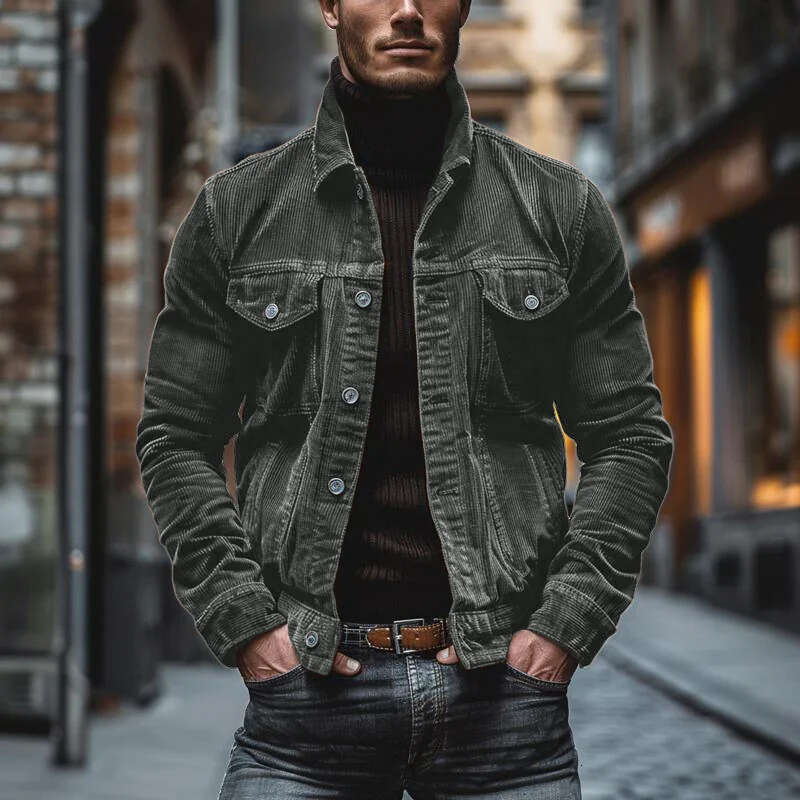 Cross-Border Foreign Trade Amazon Autumn Winter New Men's Pocket Corduroy Long Sleeve European American Striped Lapel Jacket Coat