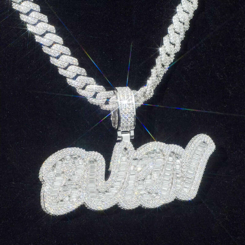 Custom Iced Out Vvs Pass Moissanite Test Baguette Moissanite 925 Sliver Gold Name Letter Hip Hop Pendant Necklace Fine Jewelry Men