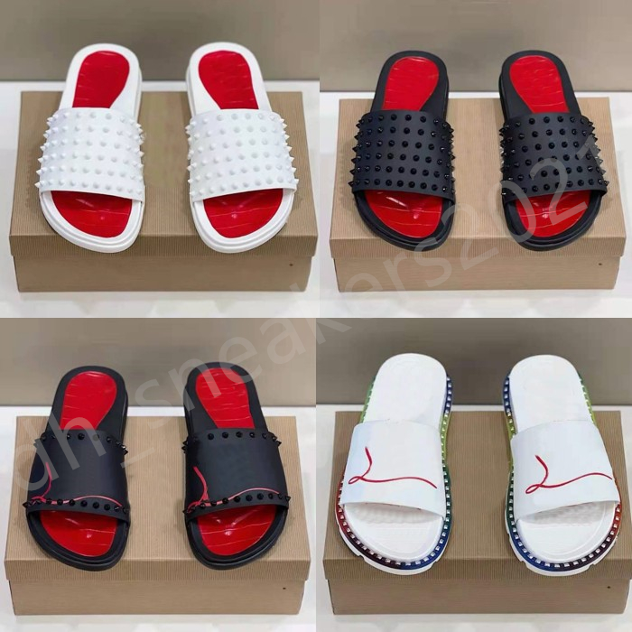 Designer Red Thick Sole Slippers Rivet Sandals Men Slides Flat Shoes Summer Spike Red Outdoor Sandal size 38-46