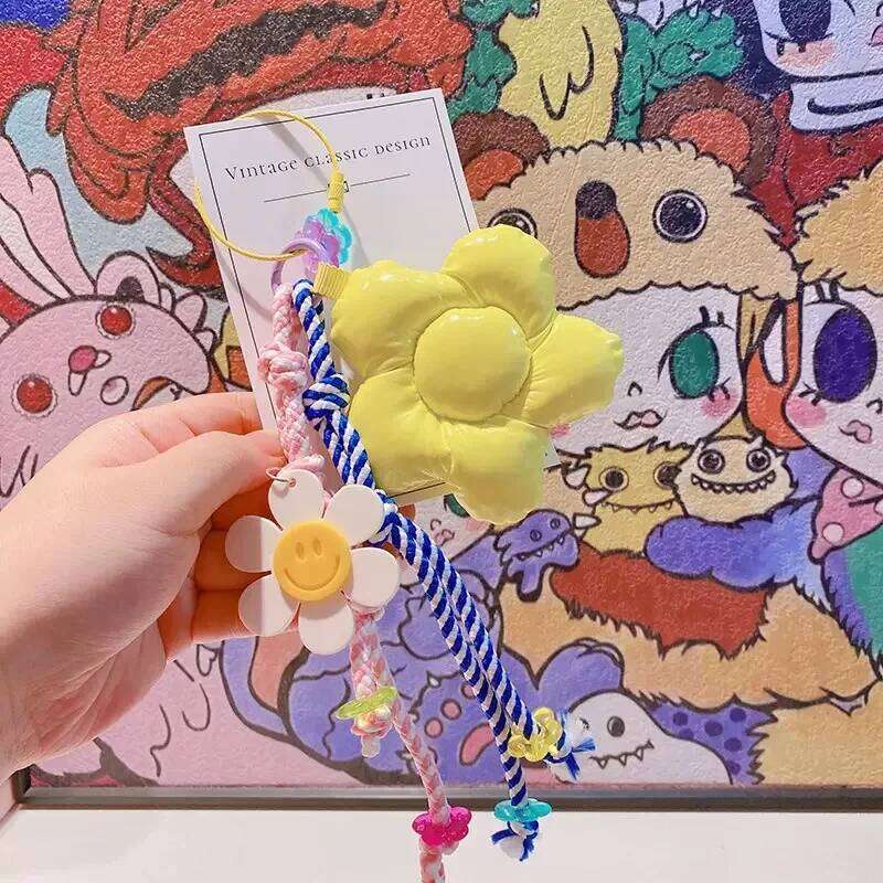 Handmade Macaron Big Flower Keychain Sweet Pendant Nylon Braided Rope Fashionable Charm Colorful Bag Pendants XJ260106
