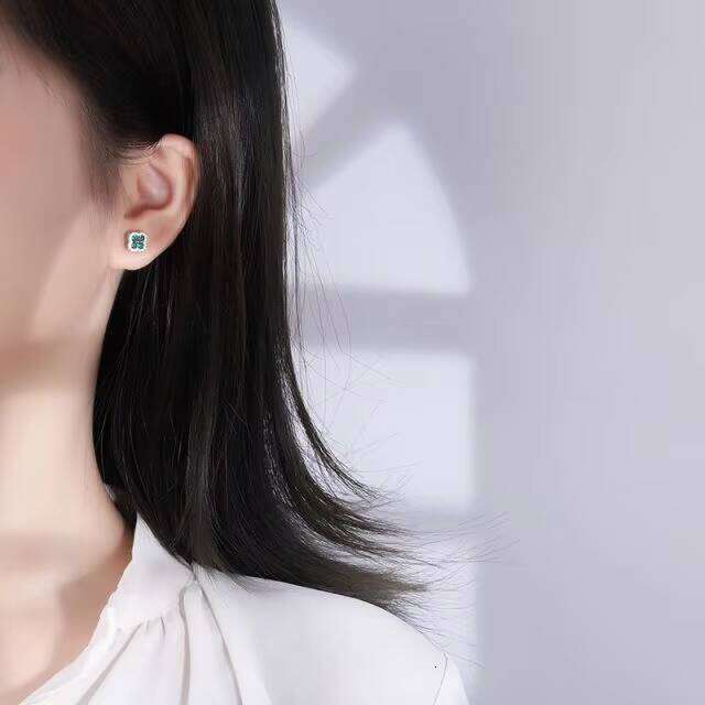 925 Sterling Silver Flower Green Ruby Blue VVS Moissanite Four-Leaf Clover Stud Earrings for Women