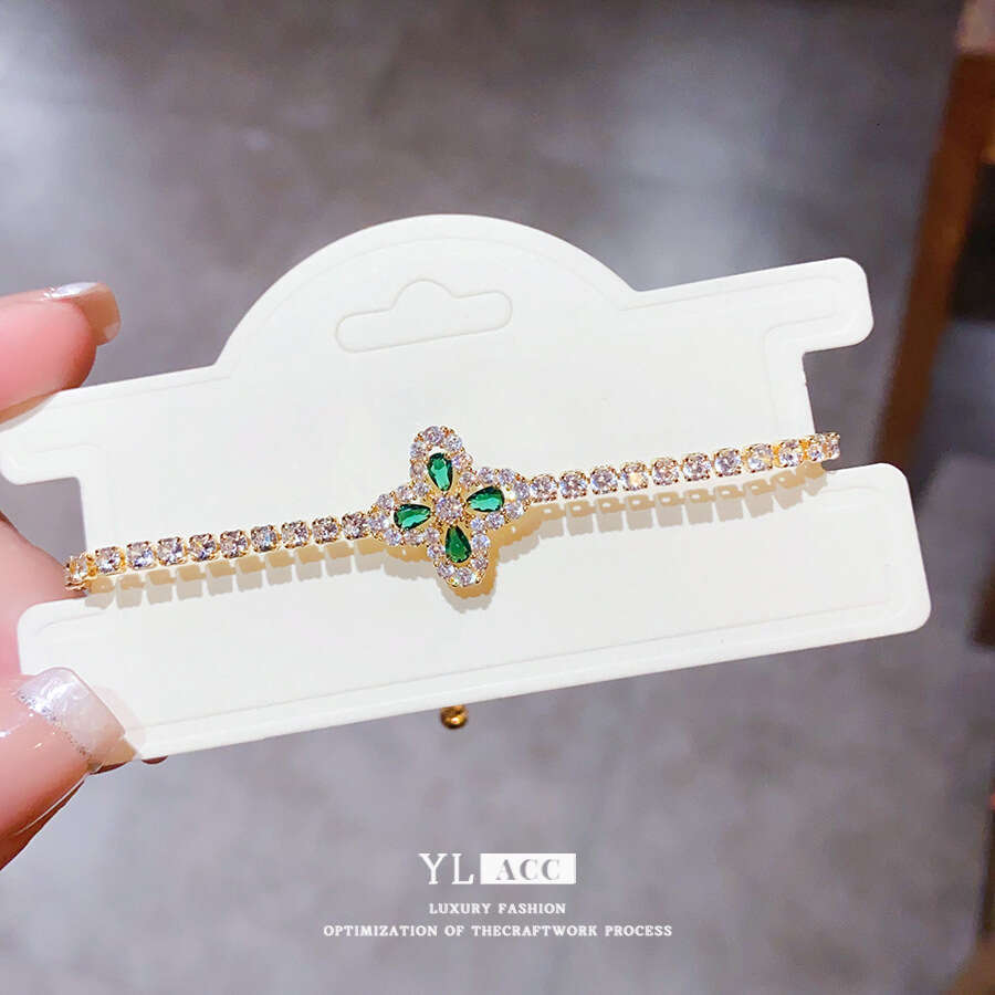 Multi-Color Gem Clover Rhinestone Bracelet Women's Gold Silver Tone Fashion Jewelry on Card Trendy snap button bracelets