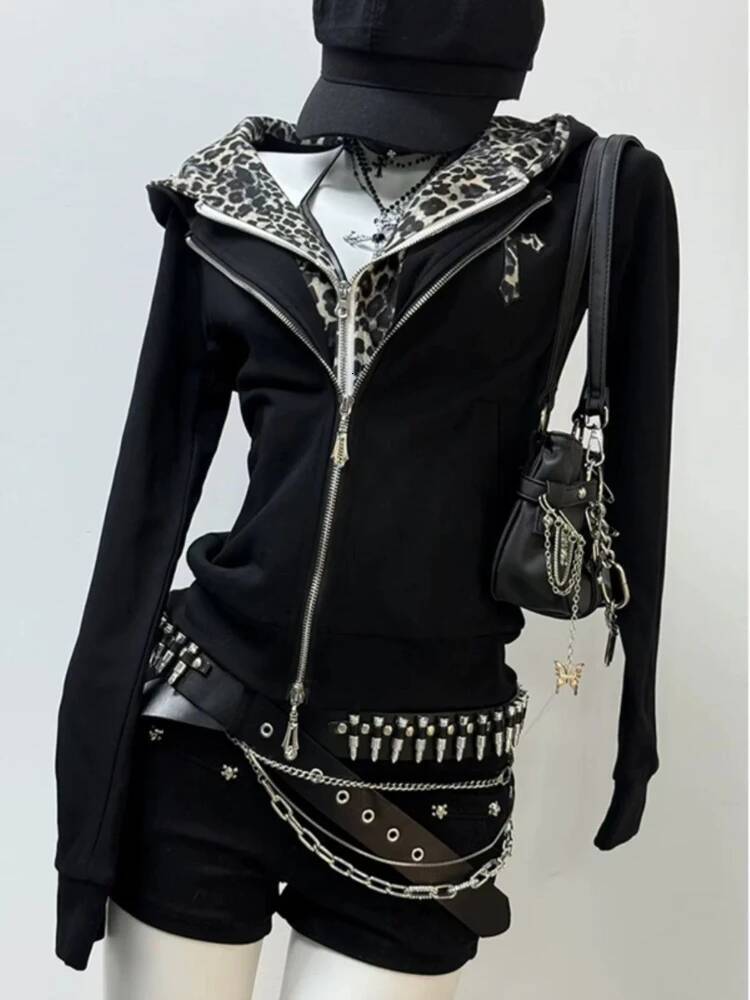 Bestseller American Subculture Y2k Fake Two-piece Hoodie Women Leopard Stitching Slim Hooded Vintage Coat Autumn New Zipper Retro Clothing ddmytues