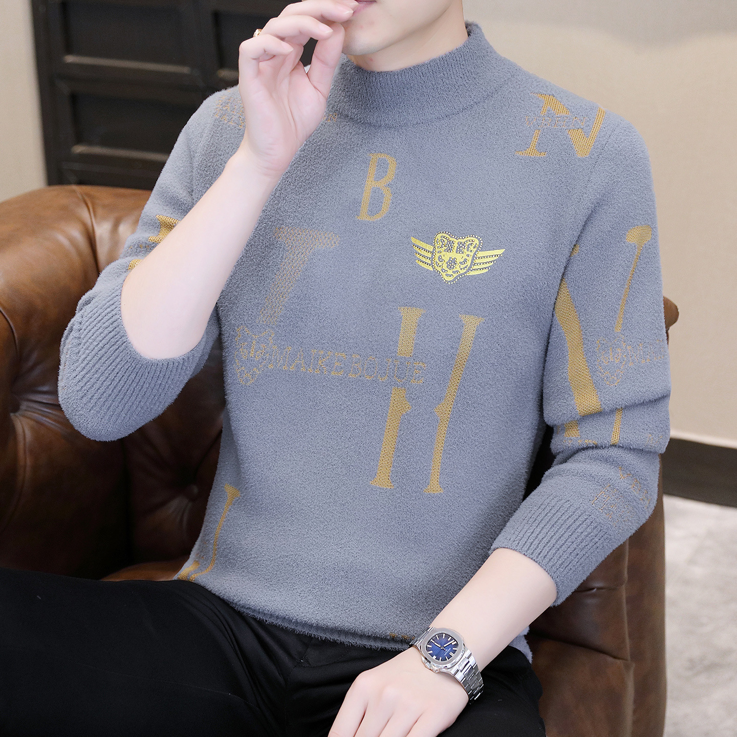 2026 New Style One-piece Fuzzy Sweater Men's Luxury Trendy Knitted Shirt Warm And Thick Jacquard Lettered Casual Underwear Fashionable Versatile 