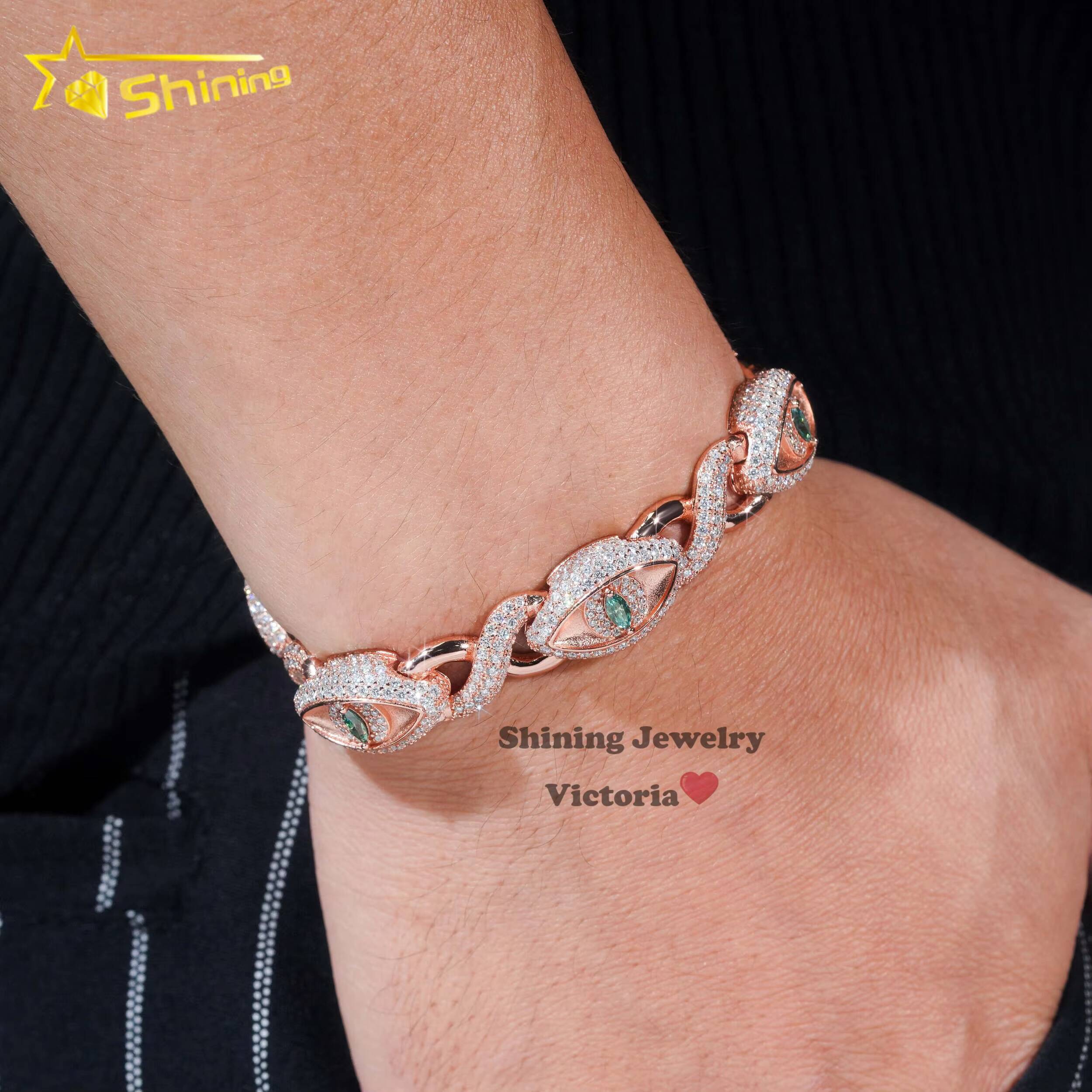 New Trendy Iced Out 12MM Evil Eye Infinity Link Cuban Bracelet for Men Moissanite Diamond Rose Gold Hip Hop Charms Bracelet