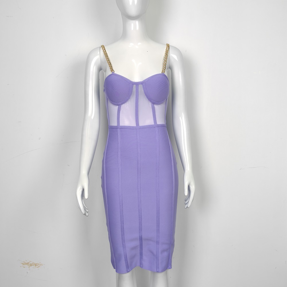 Womens Tight Dress with Metal Chain Straps Sexy Spaghetti Strap Mesh Bandage Evening Dress for Party Nightclub 210325w