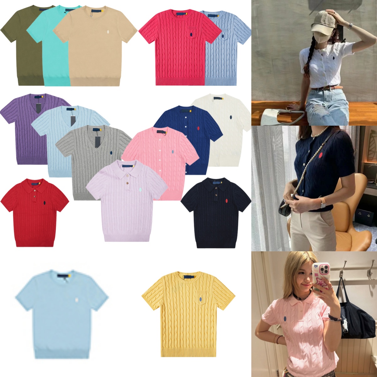 Designer T-Shirt Knitted Cable-Knit Embroidered Short Sleeve Women's Cropped Slim-Fit Top T-Shirt New Style for Men and Women Sizes S-XL