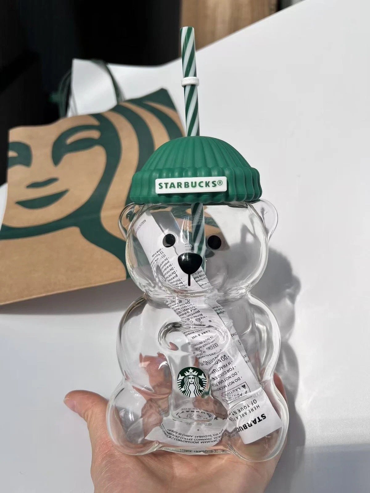 20oz Star bucks Glass Bearista Bear Cup With Straw Cute Transparent Tumbler With Hat For Iced Coffee Cold Drink Valentines Day Gift