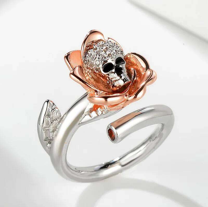 NEW Rose Flower Gothic 925 Sterling Silver For Women Leaves Punk Style Motor Biker Men Ring With AAA CZ Skull Jewelry