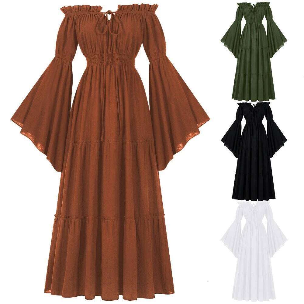 Medieval Vintage Gothic Off shoulder Dress Women Folk Cosplay Vestido Victorian Flared Sleeve Steampunk Halloween Witch Costume