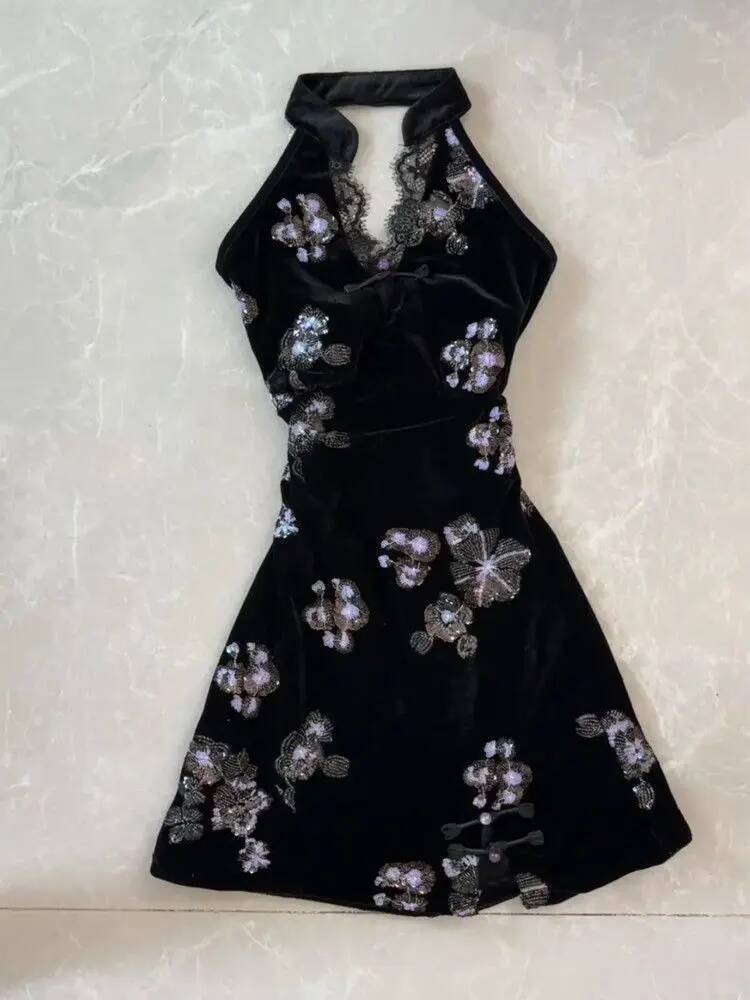 Bestseller French Elegant Lace Neck Retro Dress Women Summer New Vintage Sweet Print Slim Dresses Aesthetic Fashion Pure Desire Y2k Outfits ddmytues