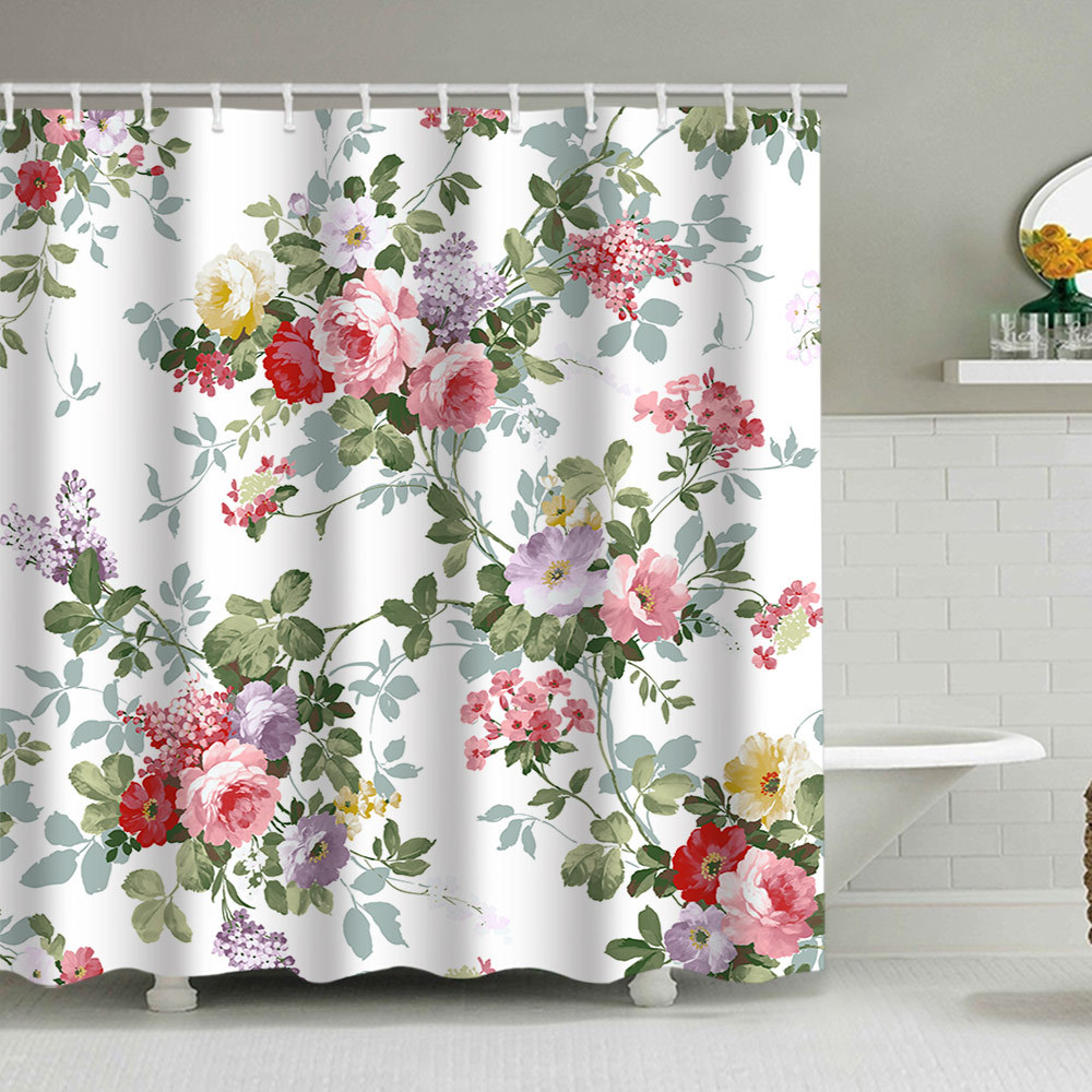 YL-38102 Floral Shower Curtain Set with Watercolor Floral Print Polyester Waterproof Shower Curtain and Bathroom Cover
