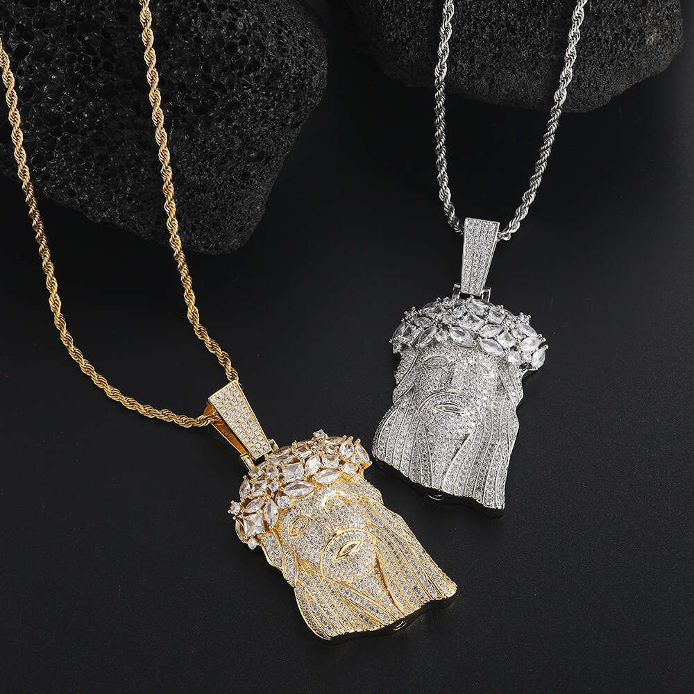 European And American Hip-Hop Copper Inlaid Zircon Personality Domineering Men's Necklace Cross-Border Human Face Head Pendant Chain