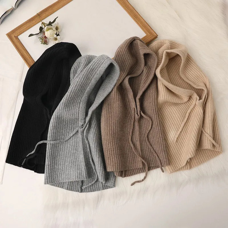 Korean Style Knitted Balaclava Hat with Drawstring Hood Women Winter One-Piece Neck Warmer Outdoor Fashion Collar Beanies Cap 251211