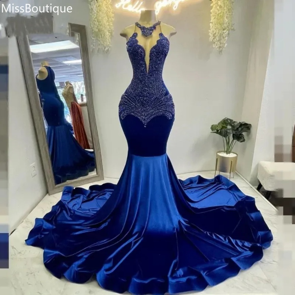 Veet Sexy Royal Blue Vestidos Gala Mermaid Prom Dresses for Black Girls Crystal Robe De Soiree Evening Birthday Party Gowns robe de soiree mariee luxe 0105