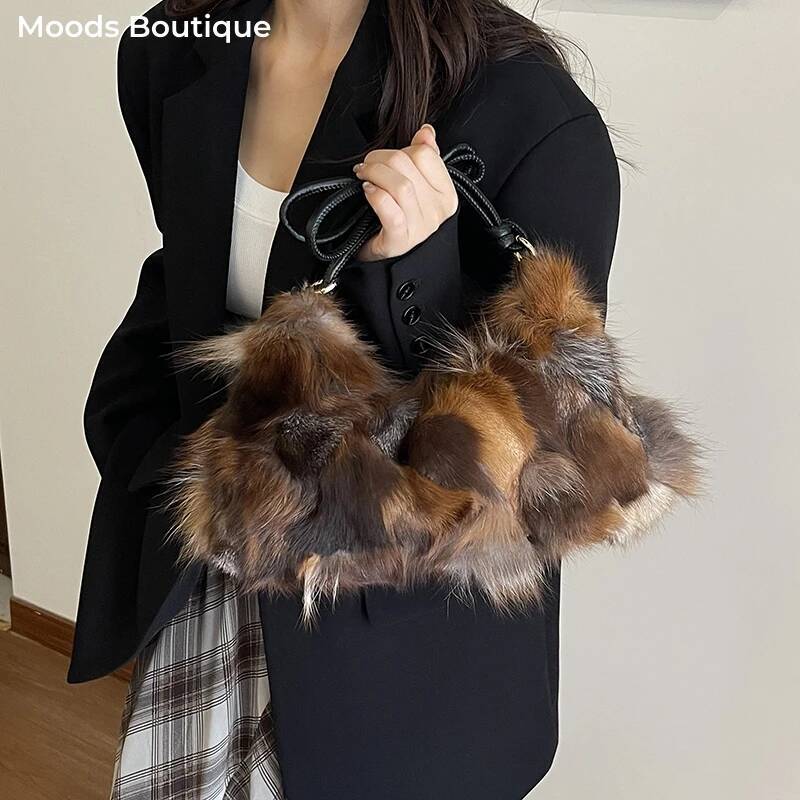 SIJIFSHANG Winter Warm Fox Fur Shoulder Hobo Bags Women Latest Luxury Designer Purses And Handbags Elegant Evening Bag For Dinner Party