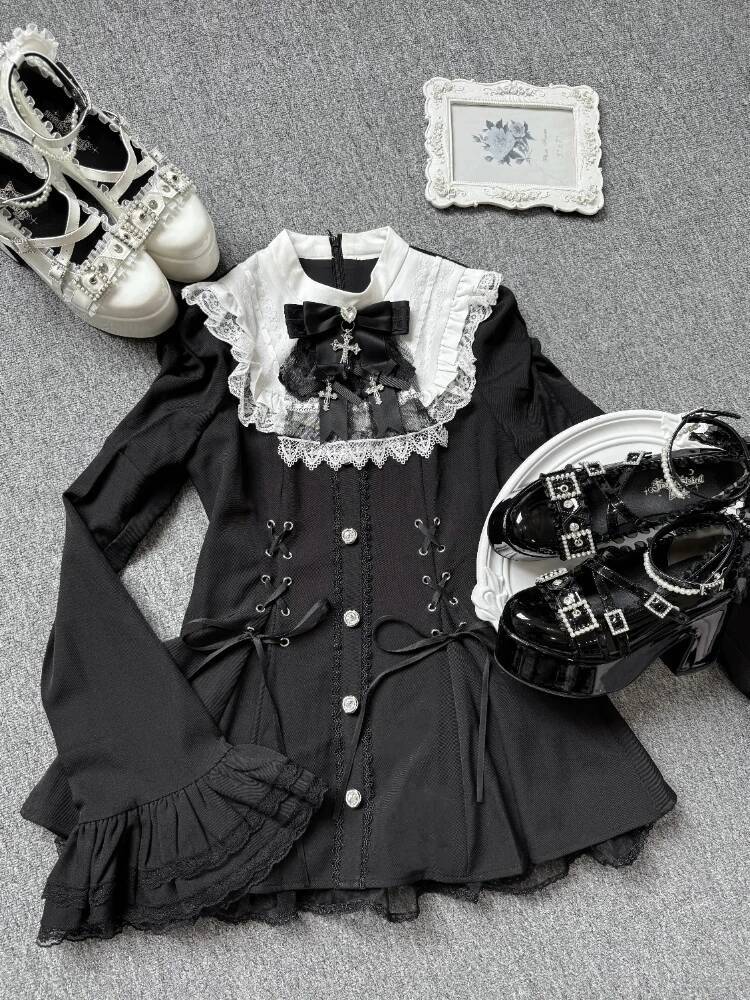 Bestseller Gothic Vintage Slim Patchwork Dress Set Women High Street Lace Skinny Long Sleeve Dresses Short Pants France Hot Girl Retro Suit ddmytues