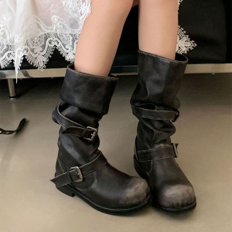 Retro Pile Boots Fashionable Solid Color Low Heeled Knight Boots