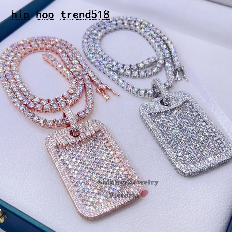 White Gold Rose Gold Hip Hop Iced Out VVS Moissanite Diamond Baguette Dog Tag Pendant