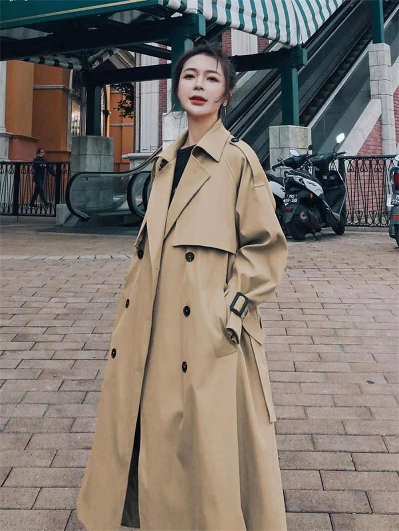 Korean Autumn Khaki Double Breasted Long Coat Lapel Sash Loose Trench Streetwear Windbreakers Office Lady Overcoats 260106