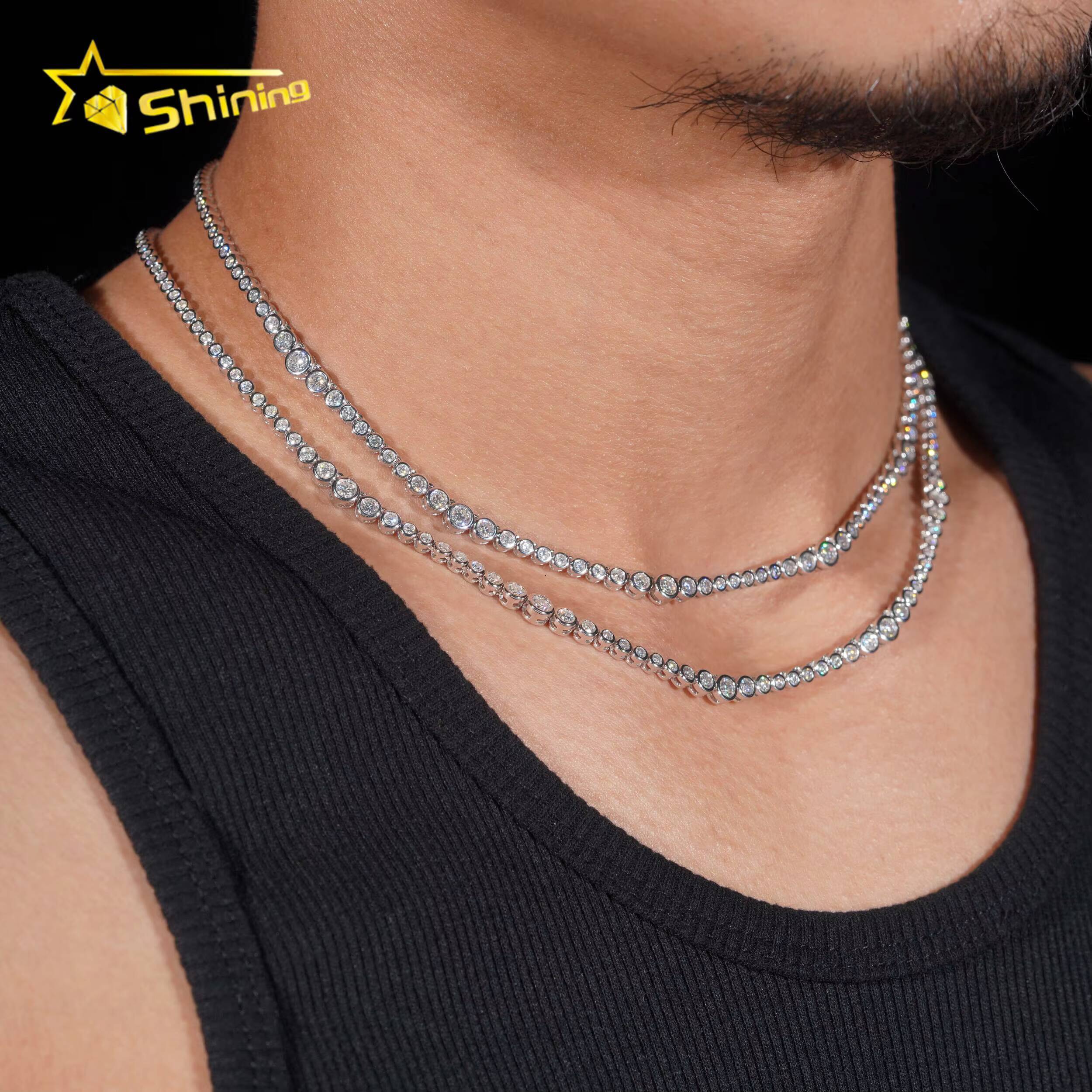 New Fancy Design Bezel Moissanite Choker Necklaces 925 Sterling Silver 2MM Hip Hop Moissanite Tennis Chain for Men Women