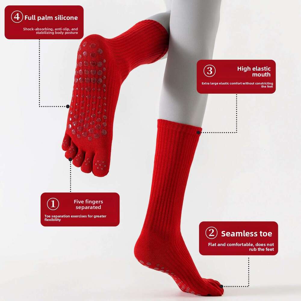 Five-Finger Yoga Non-Slip Pilates Training Indoor Sports Professional Red Striped Long Tube Toe Separator Socks B2
