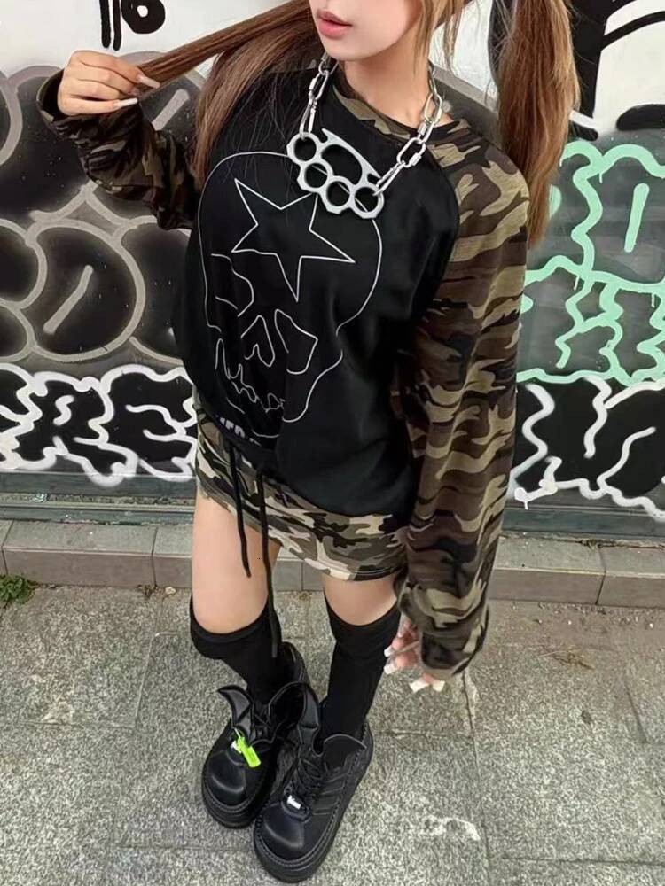 Bestseller American Subculture Vintage Y2k Long-sleeved T-shirt New Spice Girl Gothic Camouflage Printed Top Autumn Retro Fashion Clothing ddmytues