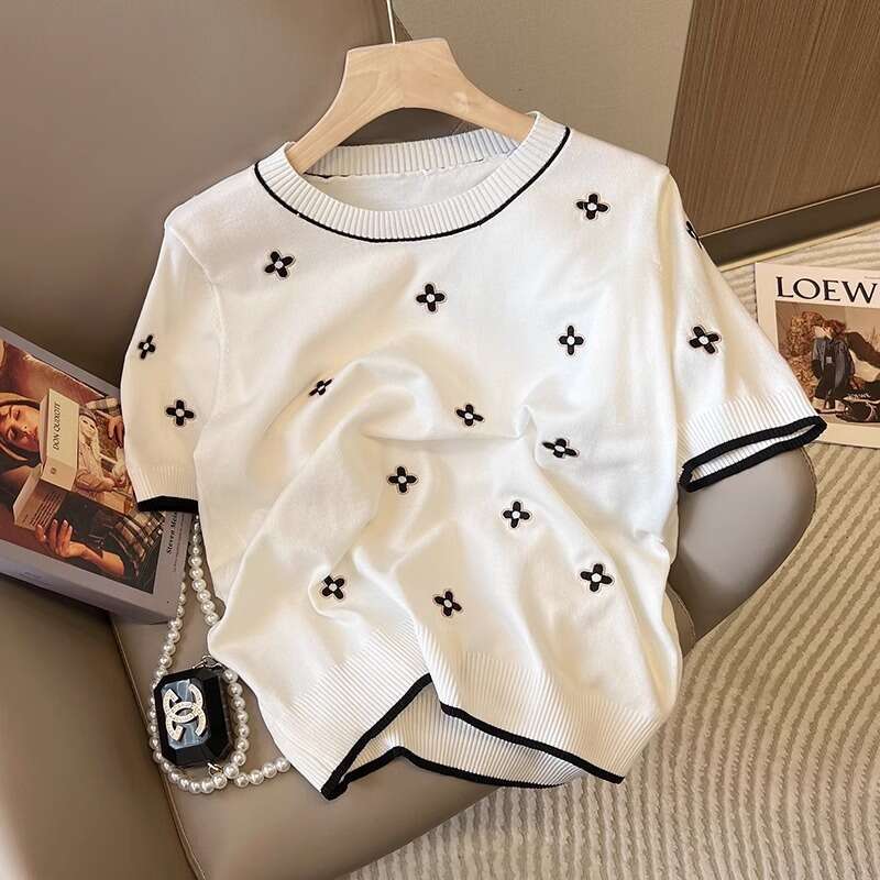 Elegant Ice Silk Short Sleeve Knitted T-Shirt For Women Summer Patchwork Loose Round Neck Embroidered Design Regular Shoulder Top
