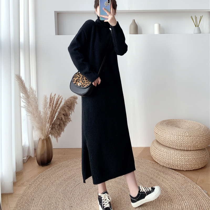 REALEFT Autumn Winter Loose Turtleneck Straight Women Sweater Dresses Long Sleeve Warm Knitted Chic Long Dresses Female 240729