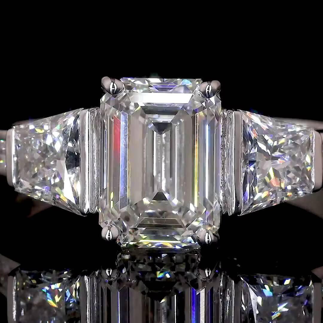 Lab Grown Diamond Ring 3ct D VS1 Emerald Cut CVD 3 Stones Engagement Ring in 14k or 18k Gold VS1 Lab Diamond Ring