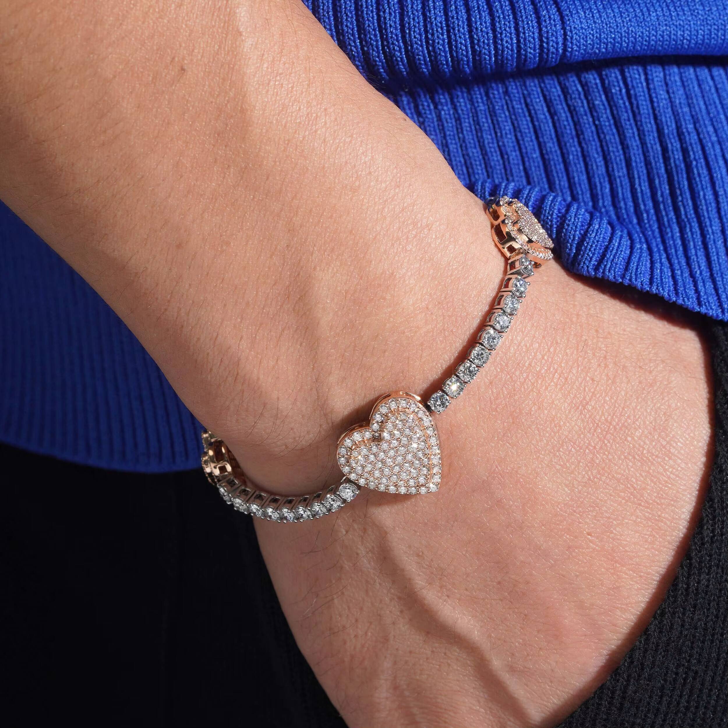 VVS Moissanite Diamond 10K Solid Rose Gold Mix White Gold Heart Charm Tennis Bracelet