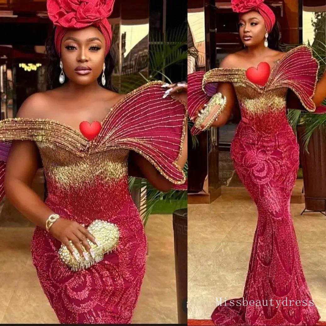 2026 Nigerian Aso Ebi Mermaid Burgundy Prom Dresses Florals Beaded Evening Formal Party Second Birthday Engagement Reception Gowns Dress For Special Occasions