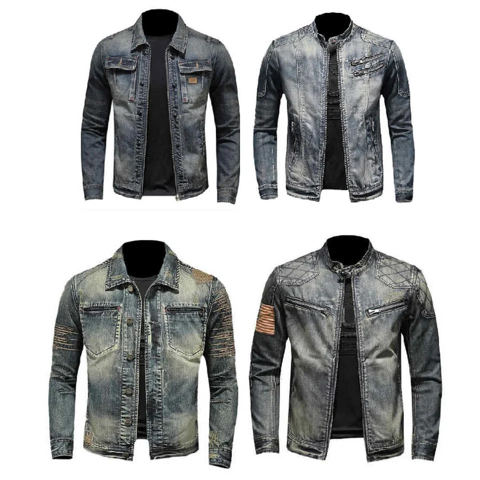 Denim Jacket Men Distressed Lapel Vintage Outwear Personalized slim fit Stand Up Collar Zipper Cowboy Cycling Motor 260104