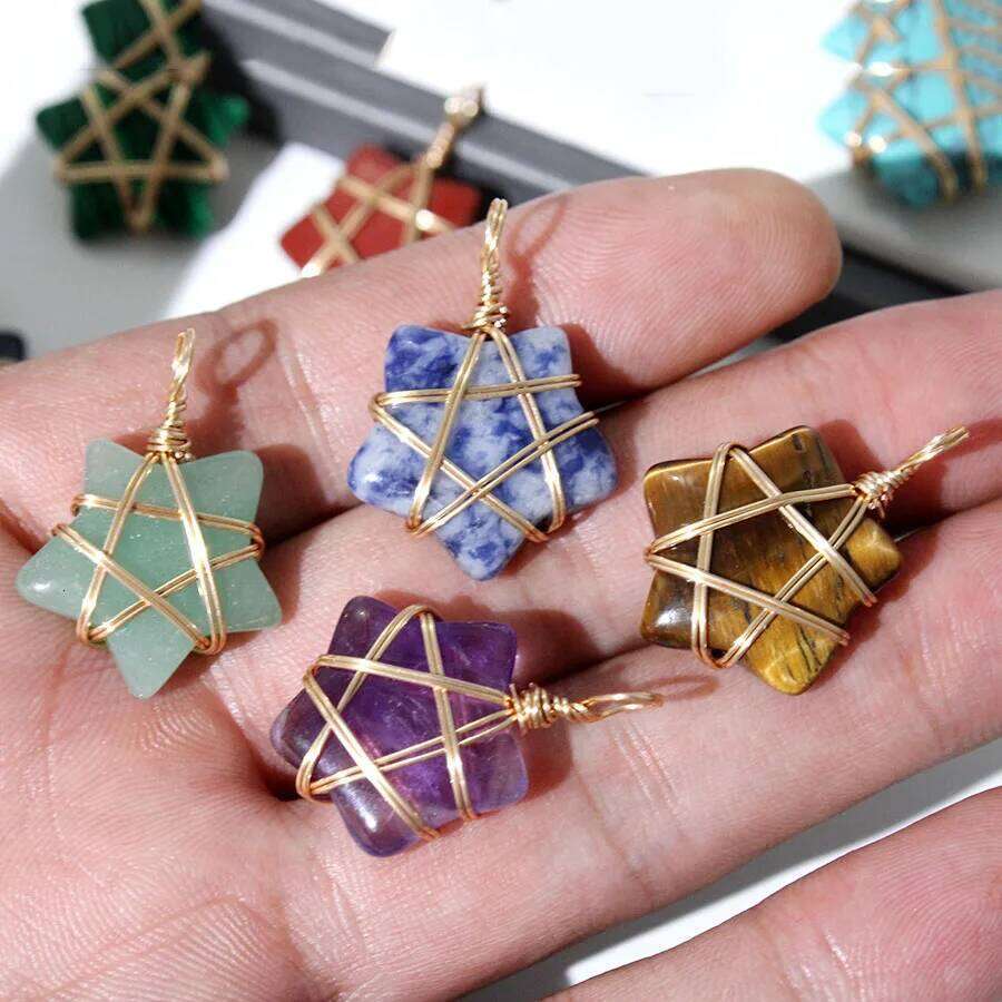 20Pcs Natural Stone Crystal Star Pendant Hand Wired Wrap Gemstone Charm for DIY Necklace Jewelry Making Christmas Gift accessory XJ260106