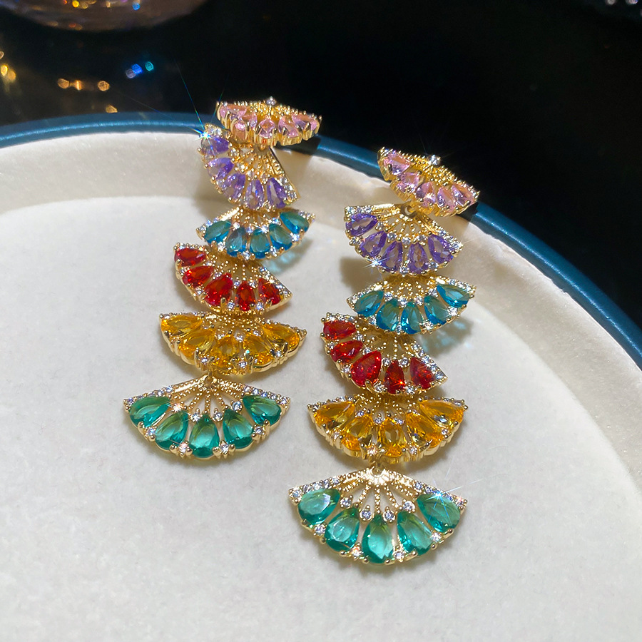 French Sparkling Pink Fan-shaped Long Earrings Vintage Niche Light Luxury Sweet Cool Style Ear Accessories - view 7