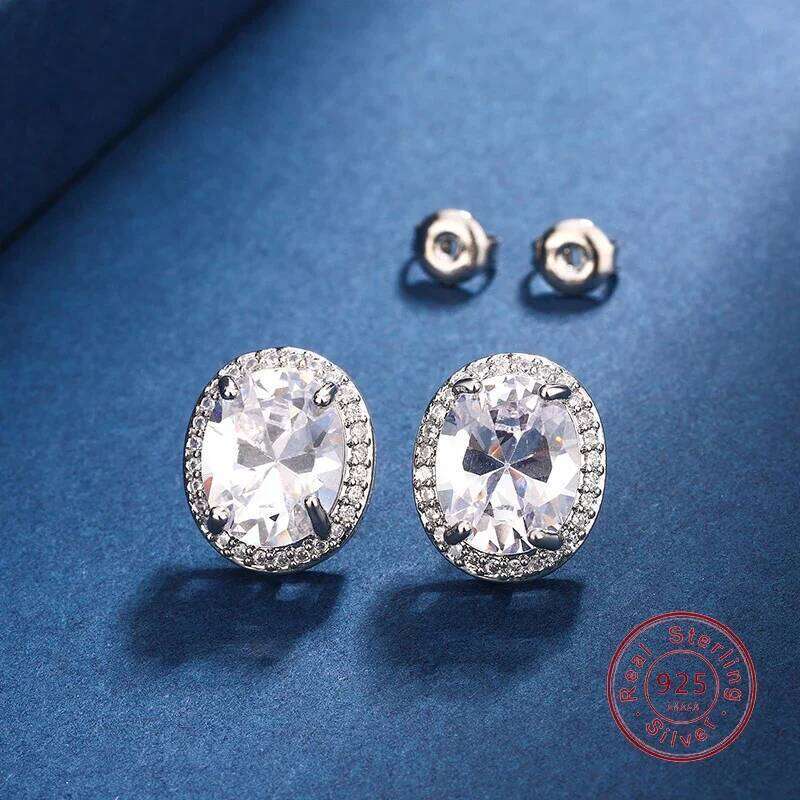 Classic 5A Ellipse Cubic Zirconia Prong Setting Women's 925 Sterling Silver Stud Earring Delicate Wedding Evening Party Jewelry