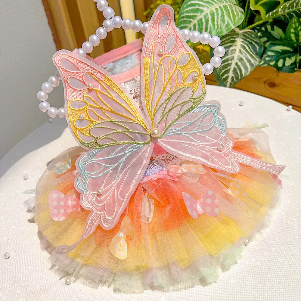 Pink Butterfly Lolita Dress for Small Dogs Pet Princess Lace Skirt with Wings Cat Puppy Kitten Dresses Wedding Party Outfit 251225 H260130