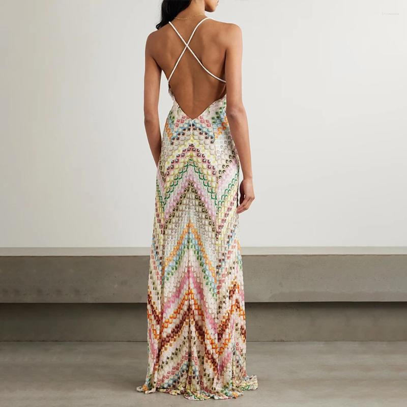 Women Beach Wear Sexy Backles Hit Color Chic Long Dresses Strapless Sleeveless Backless High Waist Elegant Spring Dress